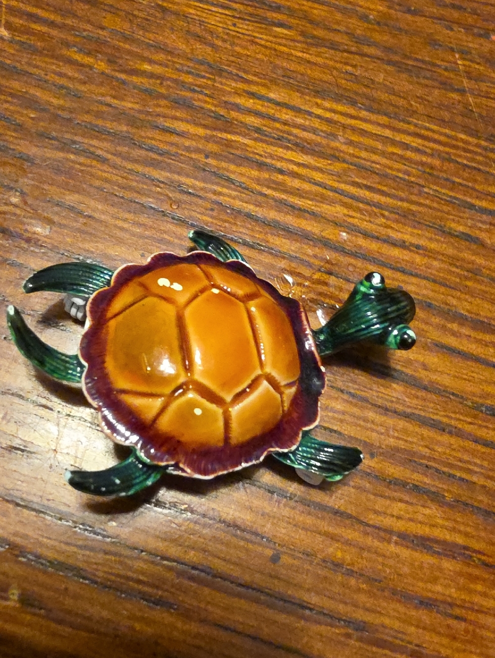 Vintage Enamel Sea Turtle Brooch Pin Gold Tone Green Brown Tortoise Cute